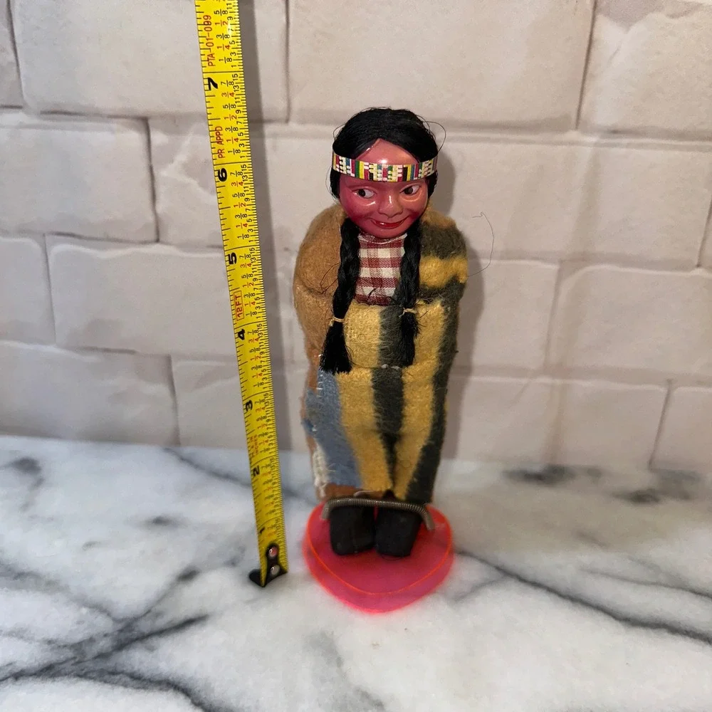 Vintage Native American Style Souvenir Doll Celluloid Head Felt Blanket 7.5